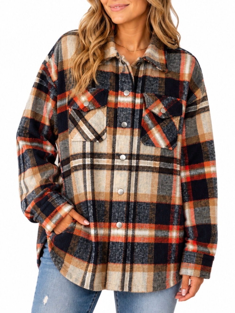 women's shacket Plaid Button-Up Jacket in Brown and Orange Fall/Autumn SZ MD